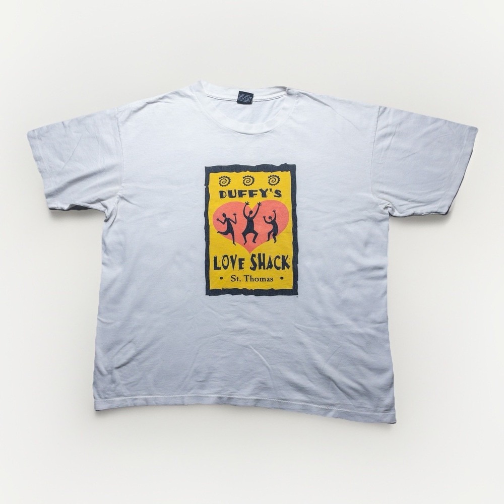 Vintage DUFFY'S Love Shack T-Shirt Large St. Thomas St. John White Bee Wear USA